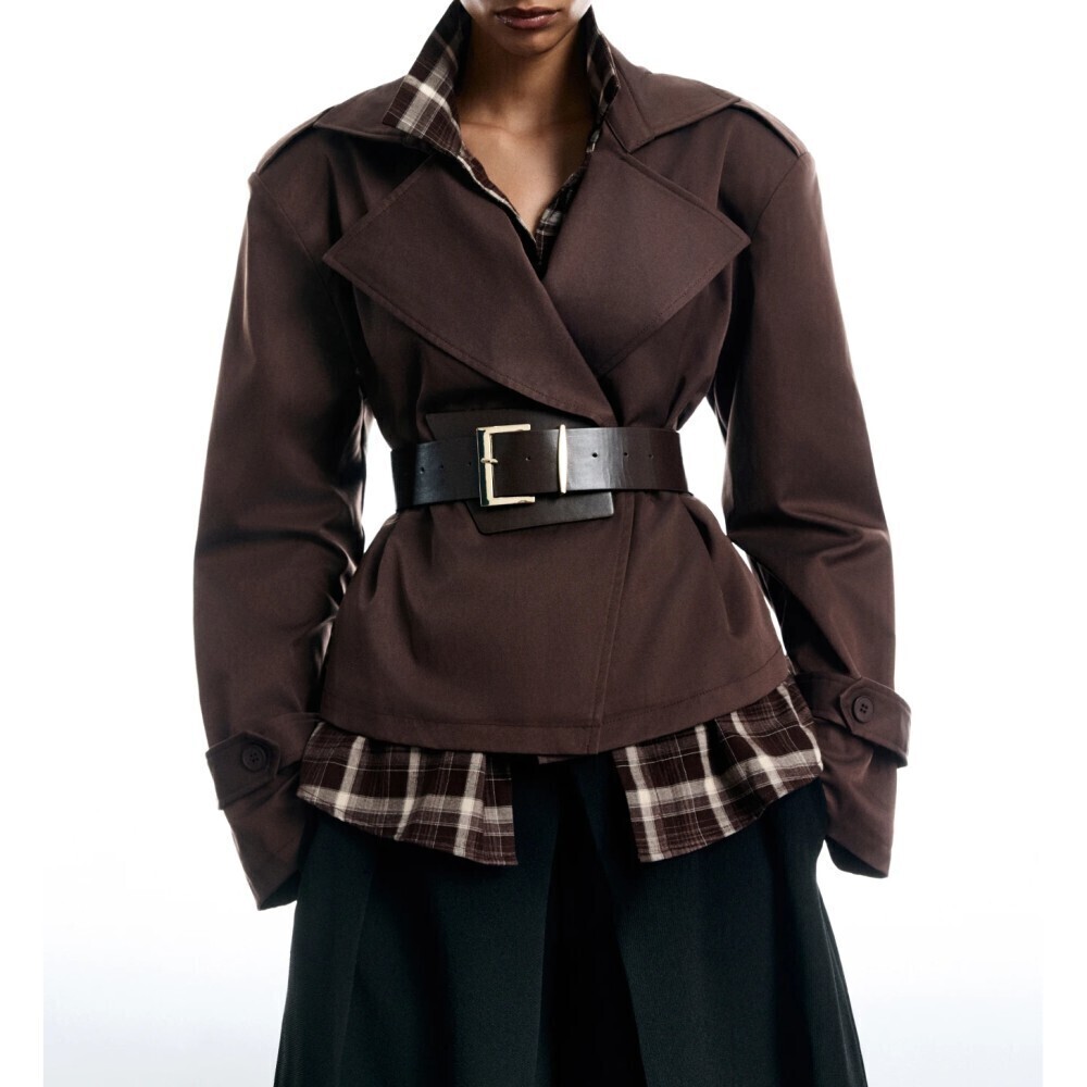 Brown Belted Notch Lapel Cropped Short Trench Jacket